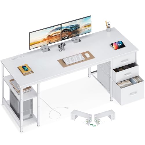Image of AODK 63 Inch Computer Desk with Drawers & USB Power Outlets, Reversible Home Office Desk with Storage Shelves, Work from Home, Modern Work /Writing /Study Table for Bedroom, White