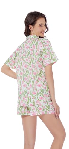 Image of LUBOT 100% Cotton Pajamas for Women 2 Piece PJ Set Poplin Woven Lightweight Ladies Button Short Sleeve Sleepwear S-XXL