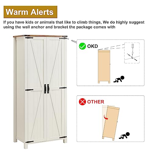 OKD Storage Cabinet, 32''W Farmhouse Kitchen Pantry Cabinet with 2 Barn Doors and Shelves, Rustic Armoire Cabinet w/Hanging Rod, 72'' Tall Linen Storage for Kitchen, Bedroom, Laundry, Antique White