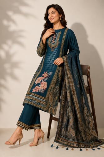 Image of WOOL'S KART|Women's Floral Printed Straight Kurta with Trousers & Dupatta Set | 3-Piece Ethnic Suit Set 103