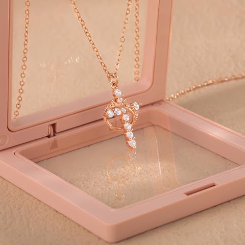 Cross Necklace for Women - Dainty Necklaces Trendy Small 14K Gold Plated Hypoallergenic Infinity Crown Cross Cubic Zirconia Pendant Box Rope Chain Necklace for Women Non Tarnish Jewelry Gift