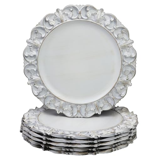 13" Antique White Charger Plates, Set of 6 Plastic Textured Chargers for Dinner Plates with Embossed Rim, Table Decor, Party, Wedding, Holiday