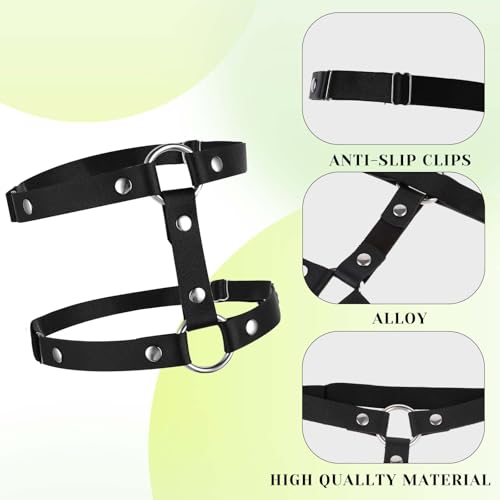Giantree Leather Leg Harness, Adjustable Elastic 2 Rows Leather Leg Belt Ring Body Harness, Black Punk Garters Belts Thigh Holster Strap Club Halloween Body Chain Accessories Jewelry for Women2