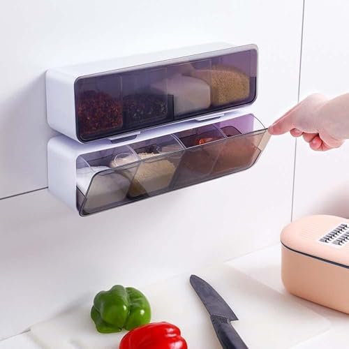 Image of Wall Mounted Spice Storage Box With Spoon For Kitchen, Multipurpose Self Adhesive Seasoning Masala Spice Rack Shelf With Cover,plastic spice rack masala organiser
