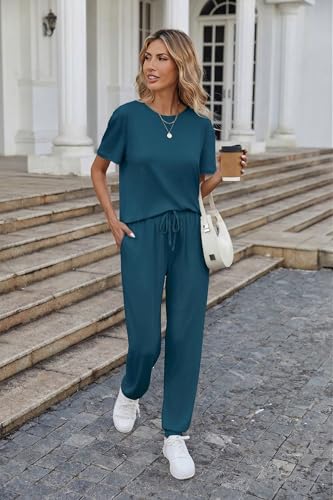 Image of Ekouaer Pajamas for Women Set 2 Pack Lounge Set Short Sleeve Pjs Joggers Long Pants Loungepwear with Pockets