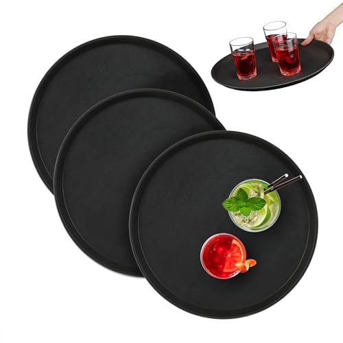 Relaxdays Serviertablett 3er Set, rutschfeste Oberfläche, rundes Kellnertablett, Getränke, Gastronomie, Ø 40 cm, schwarz