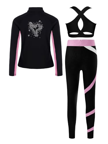 Kids Girls Figure Ice Skating Outfits Long Sleeve Fleece Jacket Crop Top and Skating Pants Set Tracksuit2