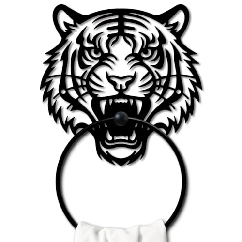 MAYJOYDIY Roaring Tiger Metal Towel Ring Round Forest Animal Hand Towel Holder Beast Ring Hanger Wall Mount Black Vintage Towels Wall Organizer for Kitchen Bath Home Laundry Room Decors Gifts