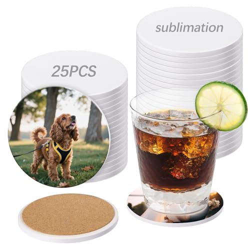 25 Pack Round Sublimation Blank Ceramic Coasters with Cork Backing 4X4inch Matte Finish Blank Ceramic Tiles Crafts Coasters Pads for Sublimation Transfer Heat Press Printing DIY Crafts