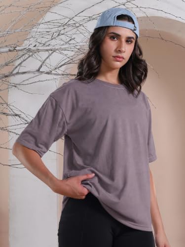 Image of CHKOKKO Oversized T-Shirt for Women Cotton Blend Soft Loose Fit Tshirt Top for Summer Half Sleeves Drop Shoulder Trendy Stylish Solid for Casual Streetwear, Outings or Travel