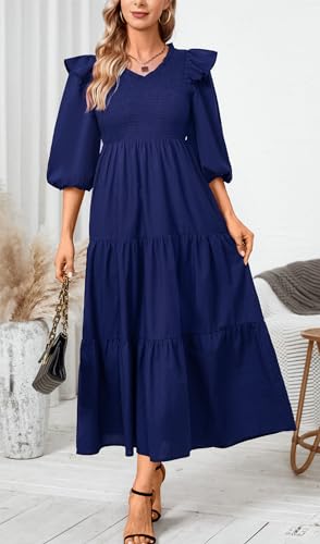 Image of Women Casual Lantern Sleeve Ruffle V Neck Fall Dress Boho Flowy Maxi Dresses Tiered Cocktail Long Dress