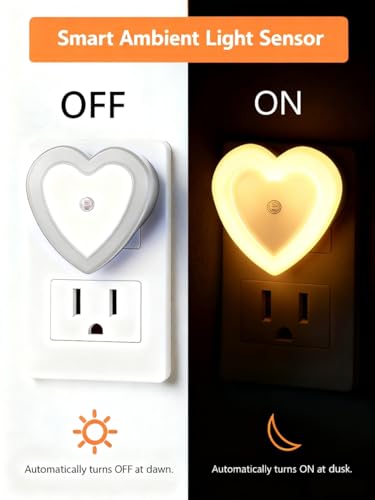 Image of LED Night Lights Plug in(2-Pack), Dusk to Dawn Sensor Auto-On /Off, Heart Shaped Nightlight 0.5W for Bedroom, Bathroom, Kids Room, Hallway, Toilet(Warm White)