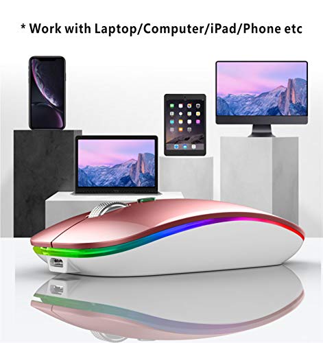 Tenmos Wireless Bluetooth Mouse, Led Slim Dual Mode (Bluetooth 5.1 + Usb) 2.4Ghz Rechargeable Silent Bluetooth Wireless Mouse With Type C Adapter For Laptop/Macbook/Ipad Os 13 And Above (Rose Gold) #TOP5