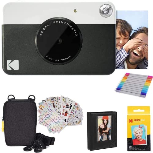 Kodak Printomatic Instant Camera (Black) Gift Bundle + Zink Paper (20 Sheets) + Deluxe Case + 7 Fun Sticker Sets + Twin Tip Markers + Photo Album.