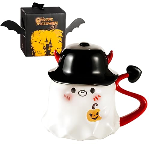 HarnyLoom Halloween Ghost Mug, 300 ml Coffee Cup with Lid Ghost Shaped Ceramic Mugs Cute Spooky Halloween Cups Gifts for Adults Women Men (Pumpkin)