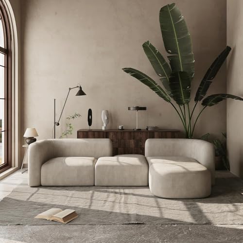Image of Modern Style Curved Sectional Living Room, Minimalist Comfy Velvet Fabric Modular Sofa for Apartment, Home Office, Beige
