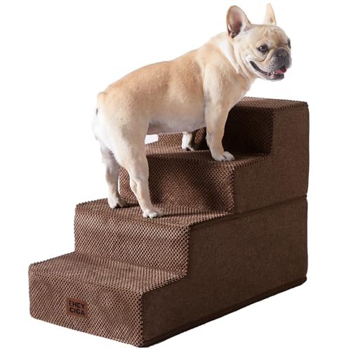 Image of EHEYCIGA Dog Stairs for Bed 18 inch H, 4-Step Dog Steps for High Bed, Pet Steps for Small Dogs and Cats, Non-Slip Balanced Pet Indoor Ramp, Brown