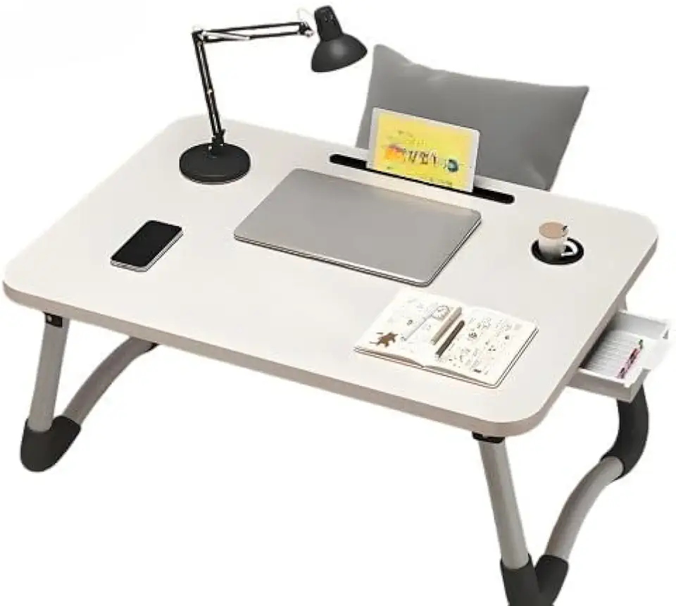 Mesa Para Notebook Portátil Dobrável Articulada em Mdf Suporte para Laptop Cama Estudo Porta Tablet(Off Wihte)