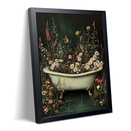 Framed Bathroom Wall Art, Vintage Funny Floral Botanical Bathtub Picture Canvas Prints, Moody Flower Wall Decor Painting for Restroom Bathroom Wall Decor 8x10 inch