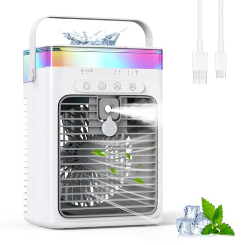 Climatiseur Portable, 3-en-1 Refroidisseur par Évaporation avec 3 Vitesses & 2 Modes Brumisation, 1000ml Mini Climatiseur, Ventilateur USB avec Lumière RGB &...