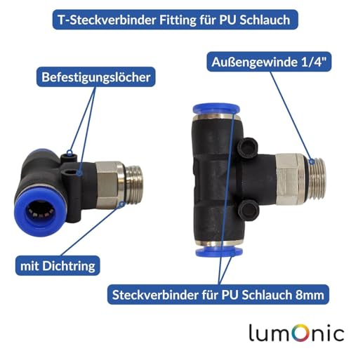 Racor en T de 8mm Lumonic con conexión push-in hermética y rosca exterior para manguera de PU 3