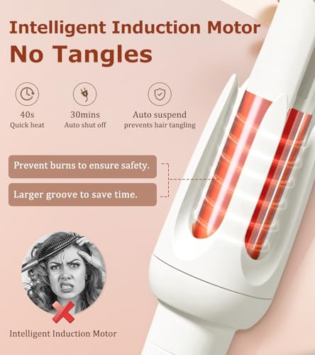 Image of Auto Hair Curler, Automatic Curling Iron with 4 Temperature & 3 Timer, Automatic Shut-Off, Anti-Scald, Anti-Tangle Rotating Curling Wand for Hair Styling, White