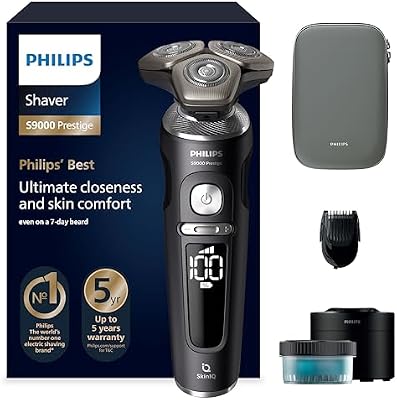 Philips Serie 9000 Prestige Afeitadora Eléctrica Hombre, Máquina de Afeitar Barba con Barbero, 72 cuchillas, Motor Digital, 60min de uso, Seco y Húmedo, Recargable, Centro de Limpieza, SP9840/31, Mate