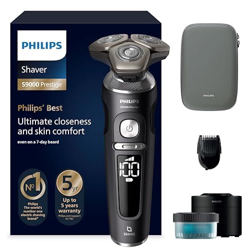 Philips Rasierer S9000 Prestige - Elektrischer Nass- und Trockenrasierer, Schwarz matt, Lift & Cut-Rasiersystem, SkinIQ-Technologie, Bartstyler, Reinigungsstation & Premium-Etui (Modell SP9840/31)