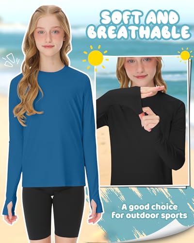 Image of 3 Pack Girls Rash Guard Swim Shirts 5-14Y UV Sun Protection Long Sleeve Thumb Hole Quick Dry T-Shirts UPF 50+ Tees