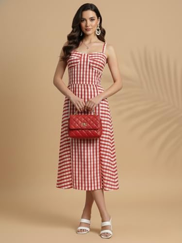 Image of Aahwan Fit and Flare Red Gingham Check Shoulder Ties Slim Fit Midi Cami Dress for Women's & Girl's