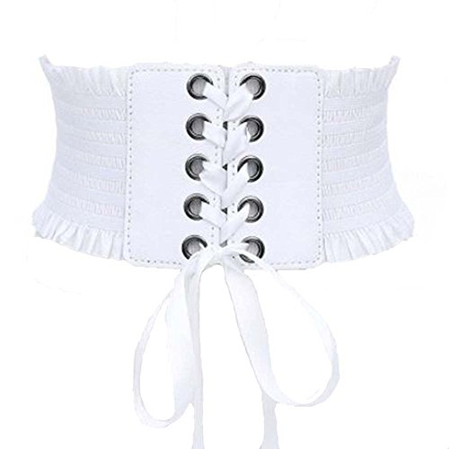 Womens Wide Elastic Lace-up Waist Belt Adjustable Leather Cinch Corset Waistband (White), White, 63cm