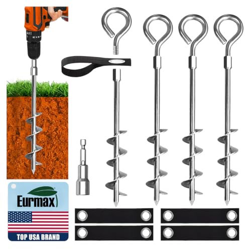 Eurmax USA 4 Pack Heavy Duty Ground Stakes&Anchors,Commercial Spiral Screw-in