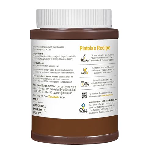 Pintola Peanut Butter Chocolate Flavour Crunchy 1kg - 18.6g Protein & 5.2g Dietary Fiber, Made with Premium Roasted Nuts & Cocoa, Gluten Free, Zero Cholesterol & Trans Fat, Vit E & B3, Dark Chocolate