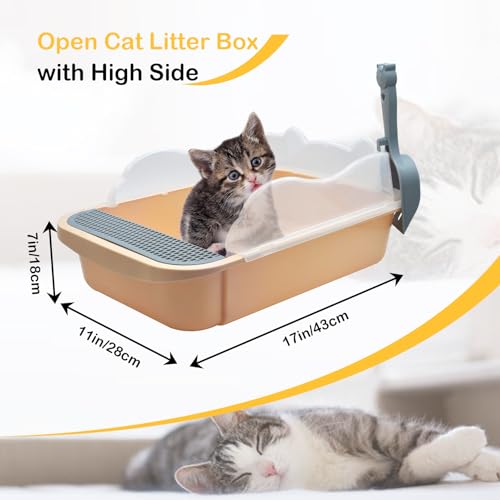Image of Open Cat Litter Box with High Side,Anti-Splashing Cats Litters Pan,Kitten Toilet with Litter Sifting Scoop,Semi-Enclosed Removable Kittens Litter for Boxes Easy to Clean No Odork(Khaki)