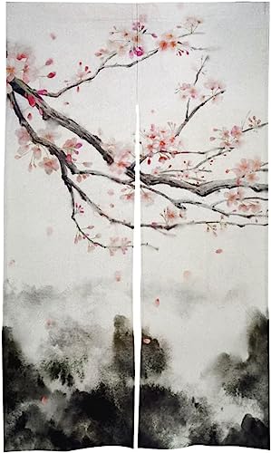 のれん 梅の花 水墨画 水彩絵 【麻 86x143cm 部屋の飾り】 玄関 キッチン リビング 飲食店 出入り口 間仕切り 丈夫 断熱カーテン 防寒 冷/暖気遮断 省エネ 遮光 目隠し ドアカーテン おしゃれ インテイリア
