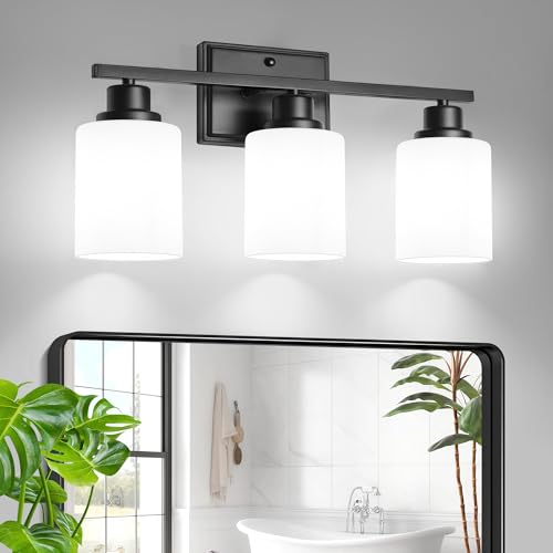 Image of Unicozin 3-Light Bathroom Light Fixtures, Modern Black Vanity Light Over Mirror, Wall Sconces with Milky White Glass Shades for Living Room Bedroom Hallway E26 Base