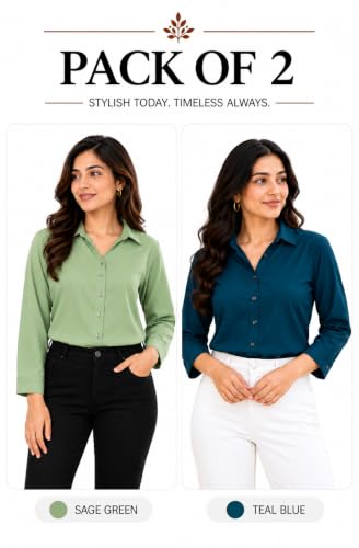 Image of FUNDAY FASHION Women Solid Regular Fit V Collered Casual Shirt (Pack of 2)