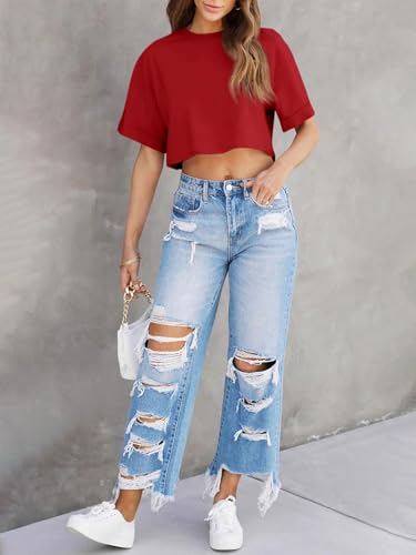 Image of Tankaneo Women Crop T-Shirts Half Sleeve Drop Shoulder Cropped Tops Y2K Casual Summer Basic Tees