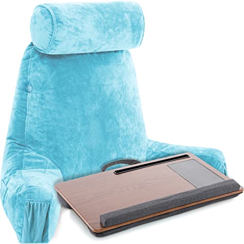 Husband Pillow Combo - Backrest Pillow With Arms : Medium Teal & Foldable Laptop Tray : Brown - Memory Foam Reading Pillows For Bed W/Removable Neck Roll & Laptop Bed Tray Table #TOP15