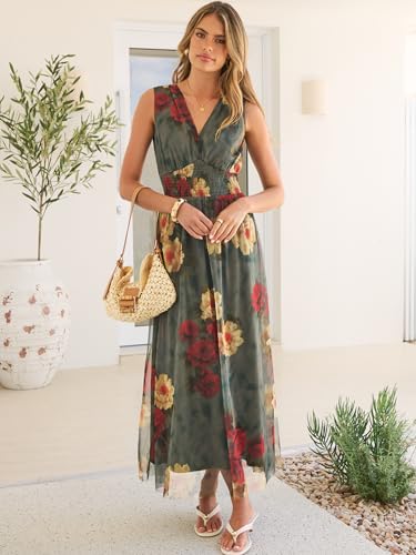 Image of ANRABESS Women's Floral Tulle Wedding Guest Maxi Dress | V Neck Sleeveless,A-Line Elastic Waist,Casual Flowy Formal Boho,Bridal Shower Garden Party Beach Vacation,Summer Fall