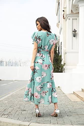 Image of VintageClothing Womens Sundress Casual Floral Summer Boho Dress | Flowy Wrap V Neck Ruffle A-Line Pleated Hem Midi Dresses