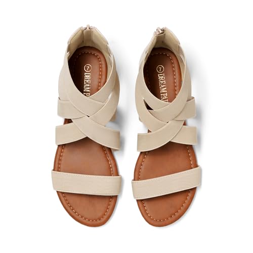 DREAM PAIRS DREAM PAIRS Women's Elastic Ankle Strap Sandals Gladiator Strappy Low Wedges Sandals,Size 6.5,Nude,ELASTICA8