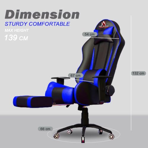 Image of ASE GAMING Gold Series Ergonomic Gaming Chair with Footrest Premium PU Leather, Adjustable Neck & Lumbar Pillow, 180 Degree Recline with Black Metal Base with 3 Years Warranty (Blue)