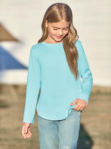 Image of Haloumoning Girls Long Sleeve T Shirts Kids Crewneck Tops 5-14 Years | Solid Color, Casual Loose Fit, Basic Tees, Curve Hem, Side Slit, Soft Tunic Tops, Fashion Clothes