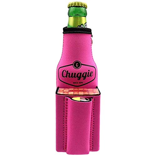 Beer Bottle Chuggie With Two Pockets, Holds Phone, Keys and Accesories, 3mm High Quality Neoprene (Pink)
