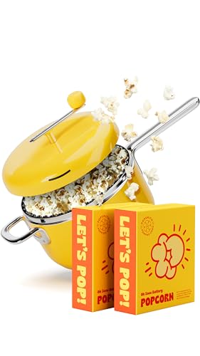 Popsmith Starter Bundle in Butter - 6 Quart Stovetop Popcorn Machine with 10 Movie Theater Buttery Popcorn Kits - Stainless Steel Popcorn Maker Compatible with All Stovetops
