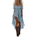 JXKIKOZE Wedding Guest Dresses for Women,Western Cowgirl Dress for Women Spaghetti Strap Deep V Tie Front Dresses Vintage Boho Western Dress Tie Front Lace Trim,01-Light Blue Medium