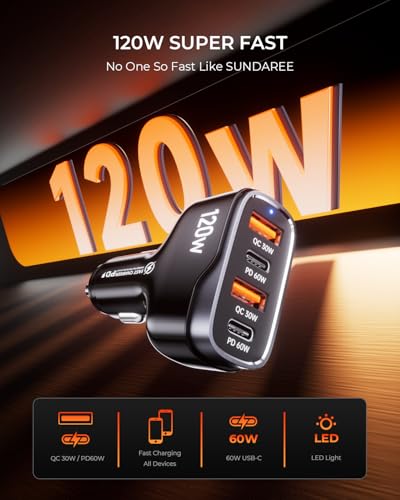 USB C Car Charger, 120W 4 Ports Super Fast Car Charger Adapter, Dual USB-C & USB-A PD60W/QC30W Fast Charging Cigarette Lighter for iPhone 16/15/14/13/12, Samsung Galaxy S24 Ultra/S23, Pixel, Android