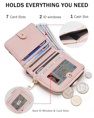 Image of Small Bifold Wallets Woman RFID Mini Wallet for Women Slim Card Holder with Zipper Coin Pocket & 2 ID Windows(Pink-Strawberry)