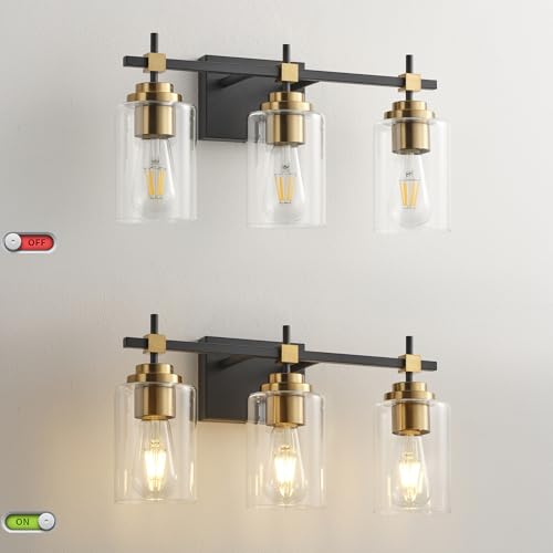 Image of SOLFART 3 Light Black and Gold Bathroom Light Fixture, Vintage Vanity Light with Clear Shades, Modern Over Mirror Wall Lighting for Bathroom Vanity